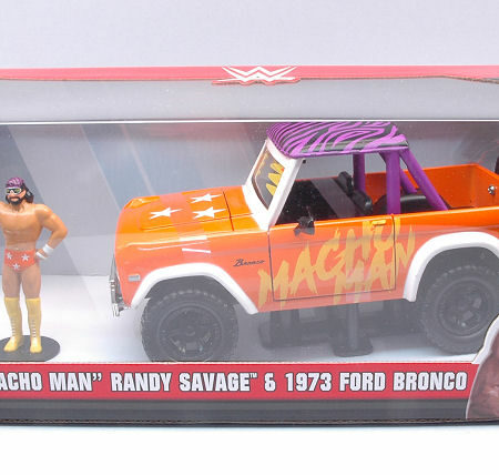 Jada Toys FORD BRONCO 1973 W/MACHO MAN FIGURE ORANGE/PURPLE/WHITE 1:24