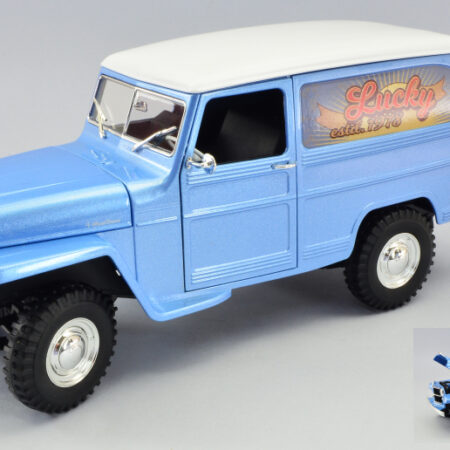 Lucky Die Cast WILLYS JEEP VAN LUCKY EST.1978 LIGHT BLUE METALLIC W/WHITE ROOF 1:18