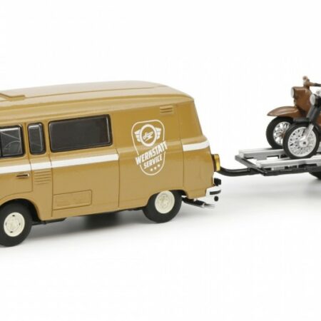 Schuco BARKAS B1000 VAN WERKSTATT SERVICE WITH TRAILER+ 2 MOTORCYCLES 1965 1:43