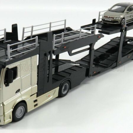 BURAGO 1/43 MERCEDES BENZ | ACTROS 2 2545 TRUCK CAR TRANSPORTER 2016 WITH VOLKSWAGEN POLO GTi | GOLD MET BLACK GREY MET