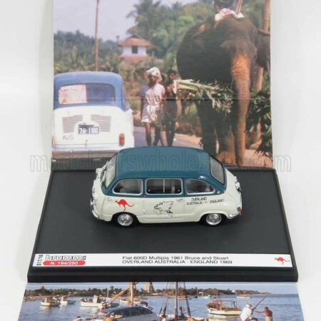 BRUMM PROM 1/43 FIAT | 600D MULTIPLA 1961 - OVERLAND AUSTRALIA - ENGLAND 1969 BRUCE THOMAS - STUART HARPER | WHITE GREEN