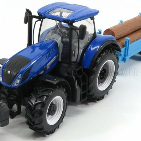 BURAGO 1/32 NEW HOLLAND | T7HD TRACTOR WITH TRAILER TRUNK TRANSPORT - TRASPORTO TRONCHI | BLUE