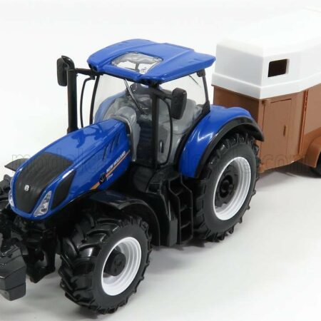 BURAGO 1/32 NEW HOLLAND | T7000 TRACTOR WITH HORSE TRAILER - TRASPORTO CAVALLI | BLUE BROWN WHITE