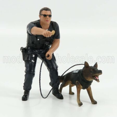 AMERICAN DIORAMA 1/24 FIGURES | POLIZIOTTO CON CANE - POLICEMAN OFFICIER K9 WITH DOG | BLACK