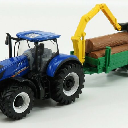 BURAGO 1/50 NEW HOLLAND | T7.315 TRACTOR + TREE FORWARDER AND WOOD | BLUE GREEN WOOD