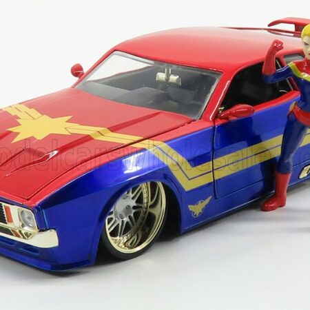 JADA 1/24 FORD USA | MUSTANG MACH I 1973 WITH CAPTAIN MARVEL FIGURE | RED BLUE YELLOW