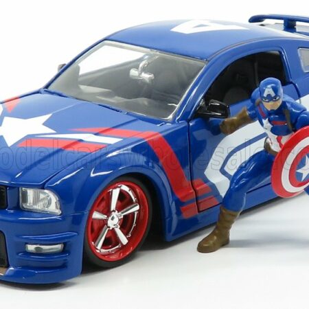 JADA 1/24 FORD USA | MUSTANG GT COUPE 2006 WITH CAPTAIN AMERICA FIGURE | BLUE RED WHITE