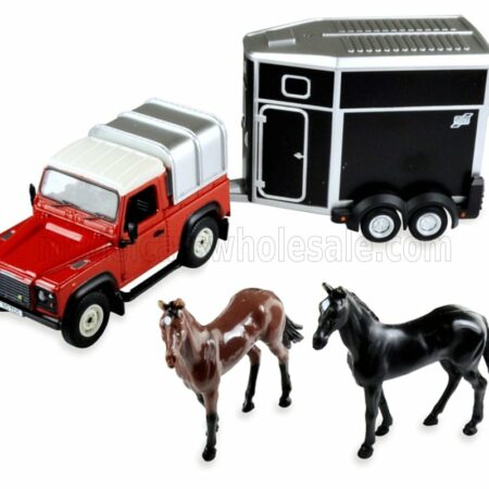 BRITAINS 1/32 LAND ROVER | LAND DEFENDER 90 PICK-UP CLOSED 1984 WITH HORSE TRAILER - TRASPORTO CAVALLI | RED SILVER BLACK