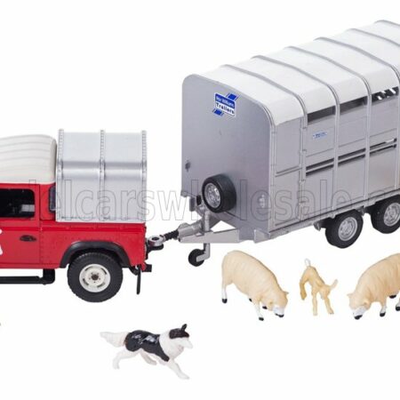 BRITAINS 1/32 LAND ROVER | LAND DEFENDER 90 PICK-UP CLOSED 1984 WITH LIVESTOCK TRAILER - TRASPORTO ANIMALI BESTIAME | RED SILVER