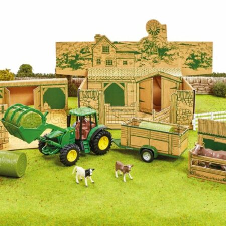 BRITAINS 1/32 ACCESSORIES | DIORAMA FARM BUILDING WITH TRACTOR JOHN DEERE AND TRAILER | GREEN YELLOW