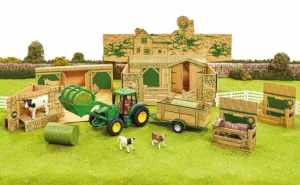 BRITAINS 1/32 ACCESSORIES | DIORAMA FARM BUILDING WITH TRACTOR JOHN DEERE AND TRAILER | GREEN YELLOW