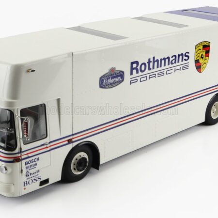 SCHUCO 1/18 MERCEDES BENZ | O317 TRUCK CAR TRANSPORTER PORSCHE ROTHMANS 1984 | WHITE BLUE