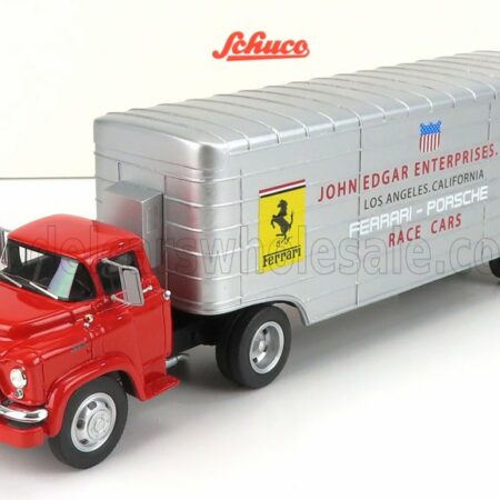 SCHUCO 1/43 GMC | TRUCK CAR TRANSPORTER TEAM JOHN EDGARD ENTERPRISES INC. LOS ANGELES CALIFORNIA FERRARI - PORSCHE RACE CARS 1950 | RED SILVER