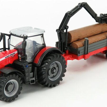 BURAGO 1/50 MASSEY FERGUSON | 8740S TRACTOR + TREE FORWARDER AND WOOD | RED SILVER