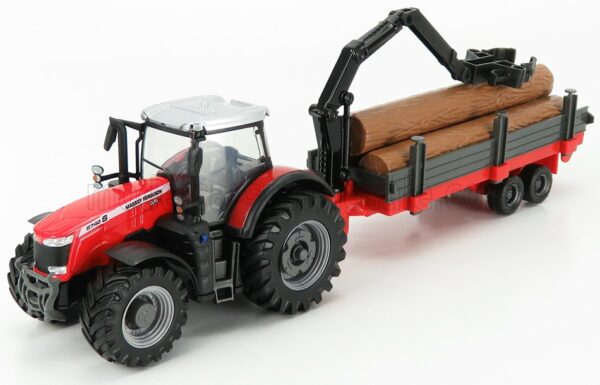 BURAGO 1/50 MASSEY FERGUSON | 8740S TRACTOR + TREE FORWARDER AND WOOD | RED SILVER