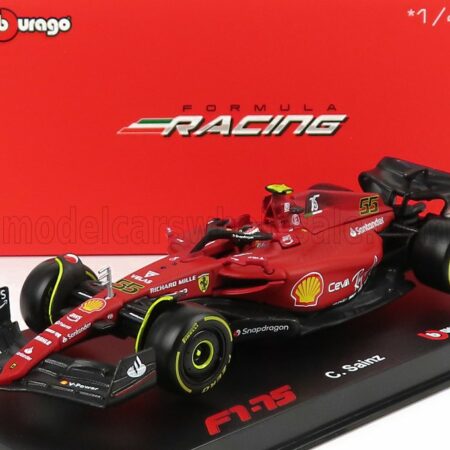 BURAGO 1/43 FERRARI | F1-75 SCUDERIA FERRARI N 55 SEASON 2022 CARLOS SAINZ WITH HELMET AND PLASTIC SHOWCASE - EXCLUSIVE CARMODEL | RED