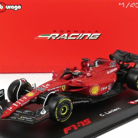 BURAGO 1/43 FERRARI | F1-75 SCUDERIA FERRARI N 16 SEASON 2022 CHARLES LECLERC WITH HELMET AND PLASTIC SHOWCASE - EXCLUSIVE CARMODEL | RED