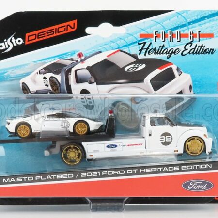 MAISTO 1/64 FORD USA | RAMP TRUCK WRECKER WITH FORD GT N 98 HERITAGE EDITION 2021 | WHITE BLACK