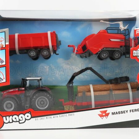 BURAGO 1/50 MASSEY FERGUSON | 8740S TRACTOR WITH BALER LIFTER + TIPPING TRAILER + TREE FORWARDER 2016 | RED