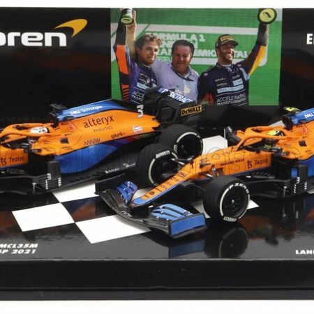 MINICHAMPS 1/43 McLAREN | F1  SET 2X COFFRET MCL35L MERCEDES M12 EQ POWER+ TEAM MCLAREN N 3 WINNER ITALY GP 2021 DANIEL RICCIARDO + N 4 2nd ITALY GP 2021 LANDO NORRIS | ORANGE LIGHT BLUE