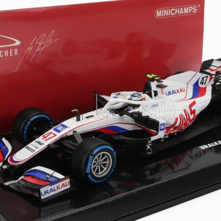 MINICHAMPS 1/43 HAAS | F1  VF-21 FERRARI 065/6 TEAM URALKALI N 47 BELGIUM GP 2021 MICK SCHUMACHER | WHITE BLUE RED