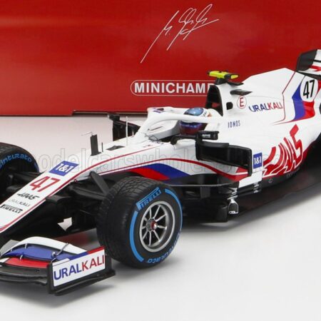 MINICHAMPS 1/18 HAAS | F1  VF-21 FERRARI 065/6 TEAM URALKALI N 47 BELGIUM GP 2021 MICK SCHUMACHER | WHITE BLUE RED