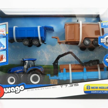 BURAGO 1/50 NEW HOLLAND | T7.315 TRACTOR WITH 3X TRAILER 2018 | BLUE