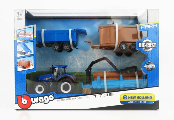 BURAGO 1/50 NEW HOLLAND | T7.315 TRACTOR WITH 3X TRAILER 2018 | BLUE