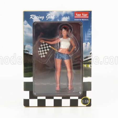 SUN-STAR 1/18 FIGURES | RACING GIRL - RAGAZZA CON BANDIERA A SCACCHI | PINK WHITE BLUE