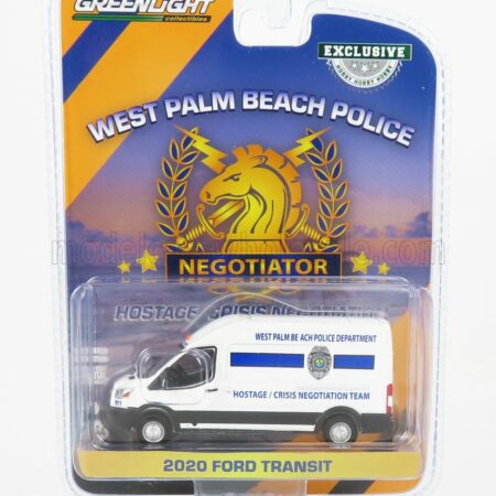 GREENLIGHT 1/64 FORD ENGLAND | TRANSIT VAN LWB HIGH ROOF WEST PALM BEACH FLORIDA POLICE DEPARTMENT HOSTAGE-CRISIS NEGOTIATION TEAM 2020 | WHITE