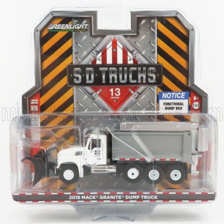 GREENLIGHT 1/64 MACK | GRANITE DUMP TRUCK CASSONE RIBALTABILE 4-ASSI 2019 - SPAZZANEVE - SNOWPLOW | WHITE SILVER