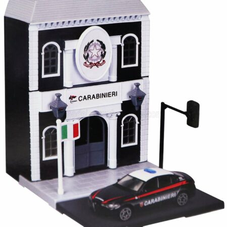 BURAGO 1/43 ACCESSORIES | DIORAMA - SET BUILD YOUR CITY POLICE STATION - CASERMA CARABINIERI - WITH ALFA ROMEO GIULIA 2015 | BLUE WHITE