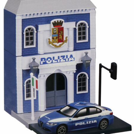 BURAGO 1/43 ACCESSORIES | DIORAMA - SET BUILD YOUR CITY POLICE STATION - CASERMA POLIZIA - WITH ALFA ROMEO GIULIA 2015 | LIGHT BLUE WHITE