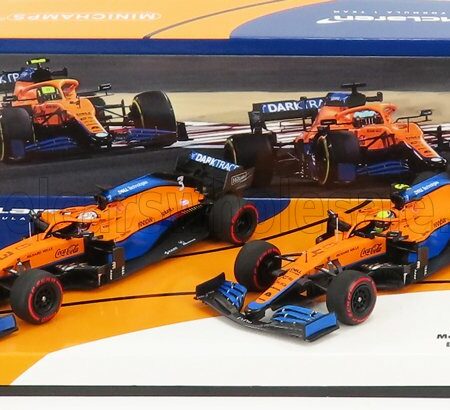 MINICHAMPS 1/43 McLAREN | F1  SET 2X MCL35L MERCEDES M12 EQ POWER+ TEAM MCLAREN N 3 SEASON 2021 DANIEL RICCIARDO + N 4 SEASON 2021 LANDO NORRIS | ORANGE LIGHT BLUE