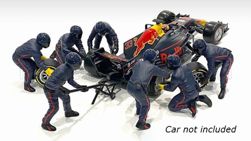 AMERICAN DIORAMA 1/43 FIGURES | F1  SET 2 2020 - DIORAMA PIT-STOP SET 7 X MECCANICI - MECHANICS - WITH DECALS | MATT BLUE RED