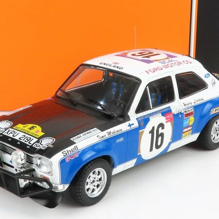 IXO-MODELS 1/18 FORD ENGLAND | ESCORT MKI RS 1600 (night version) N 16 RALLY SAFARI 1973 T.MAKINEN - H.LIDDON | WHITE BLUE BLACK