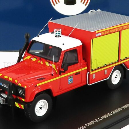 ALARME 1/43 LAND ROVER | DEFENDER 130 PICK-UP CLOSED GRIMP BMBP SAPEURS POMPIERS 1986 | RED WHITE YELLOW