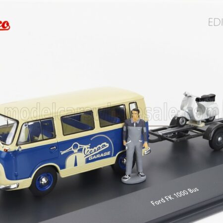 SCHUCO 1/43 FORD ENGLAND | TAUNUS TRANSIT FK1000 MINIBUS VESPA GARAGE WITH PIAGGIO VESPA 150 GS 1958 | BLUE CREAM