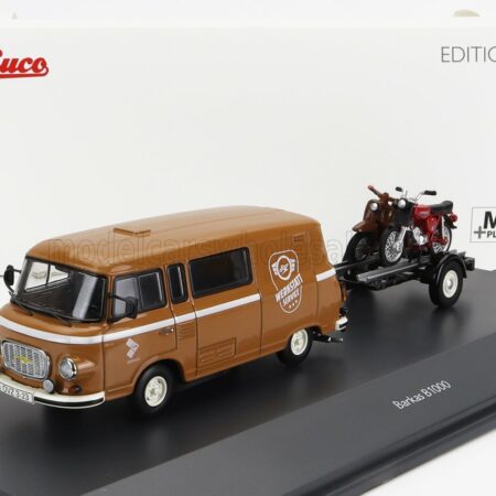 SCHUCO 1/43 BARKAS | B1000 VAN WERKSTATT SERVICE 1965 WITH TRAILER + 2X MOTORCYCLE | LIGHT BROWN