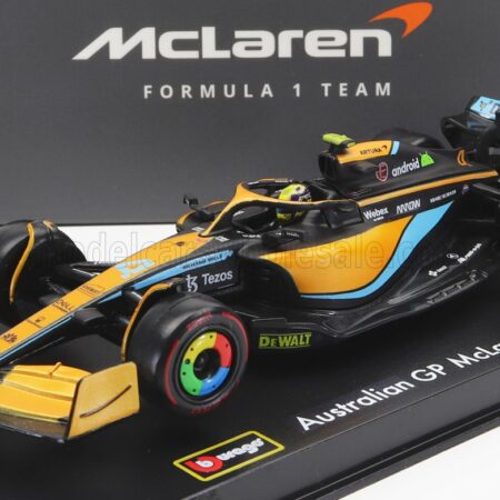 BURAGO 1/43 McLAREN | F1  MCL36 MERCEDES TEAM MCLAREN N 4 AUSTRALIAN GP 2022 LANDO NORRIS - WITH HELMET AND PLASTIC SHOWCASE | ORANGE LIGHT BLUE