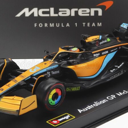 BURAGO 1/43 McLAREN | F1  MCL36 MERCEDES TEAM MCLAREN N 3 AUSTRALIAN GP 2022 DANIEL RICCIARDO - WITH HELMET AND PLASTIC SHOWCASE | ORANGE LIGHT BLUE