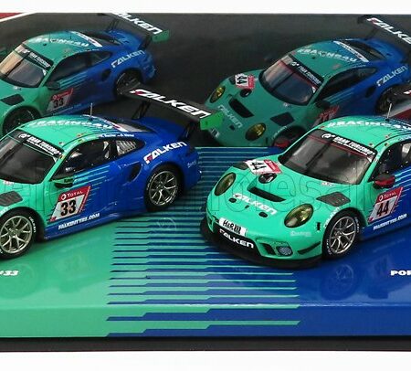 MINICHAMPS 1/43 PORSCHE | SET 2X 911 991 GT3 R TEAM FALKEN MOTORSPORTS N 44 24h NURBURGRING 2020 P.DUMBRECK- M.RAGGINGER - S.MULLER - K.BACHLER + N 33 24h NURBURGRING 2020 K.BACHLER - S.MULLER - C.ENGELHART - D.WERNER | LIGHT GREEN BLUE