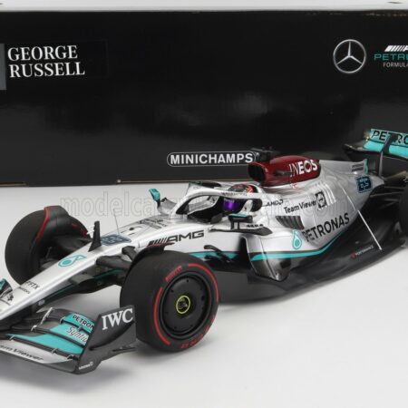 MINICHAMPS 1/18 MERCEDES GP | F1 W13E TEAM MERCEDES-AMG PETRONAS F1 N 63 SPAIN GP 2022 GEORGE RUSSEL | SILVER GREEN