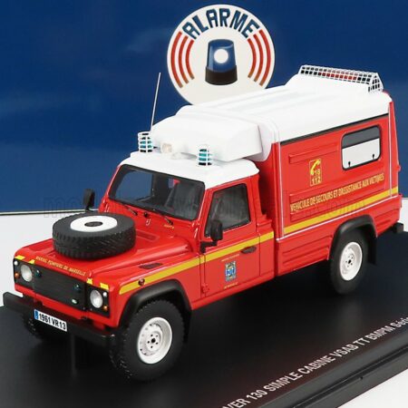 ALARME 1/43 LAND ROVER | DEFENDER 130 PICK-UP CLOSED VSAB TT BMPM SAPEURS POMPIERS VEHICULE DE SECOURS ET D'ASSISTANCE AUX VICTIMES 1986 | RED WHITE