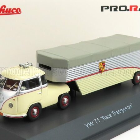 SCHUCO 1/64 VOLKSWAGEN | T1b CONTINENTAL MOTORS PORSCHE CAR TRANSPORTER 1962 | CREAM GREY SILVER