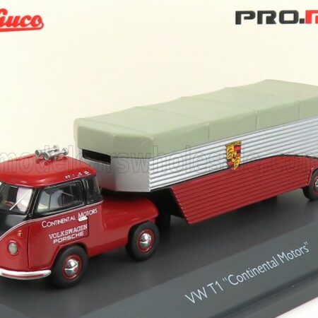 SCHUCO 1/64 VOLKSWAGEN | T1b CONTINENTAL MOTORS PORSCHE CAR TRANSPORTER 1962 | RED BLACK SILVER