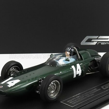 GP-REPLICAS 1/18 BRM | F1 P57 BRM TEAM N 14 WINNER ITALIAN GP MONZA WORLD CHAMPION (with pilot figure - dirty version) 1962  GRAHAM HILL - CON VETRINA - WITH SHOWCASE | GREEN MET