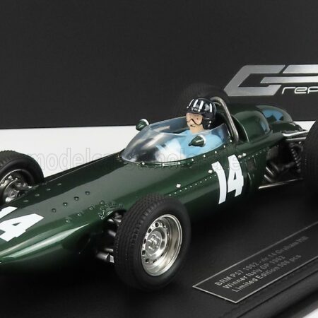 GP-REPLICAS 1/18 BRM | F1 P57 BRM TEAM N 14 WINNER ITALIAN GP MONZA WORLD CHAMPION (with pilot figure) 1962  GRAHAM HILL - CON VETRINA - WITH SHOWCASE | GREEN MET