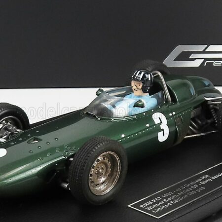 GP-REPLICAS 1/18 BRM | F1 P57 BRM TEAM N 3 WINNER SOUTH AFRICA WORLD CHAMPION (with pilot figure - dirty version) 1962 GRAHAM HILL - CON VETRINA - WITH SHOWCASE | GREEN MET