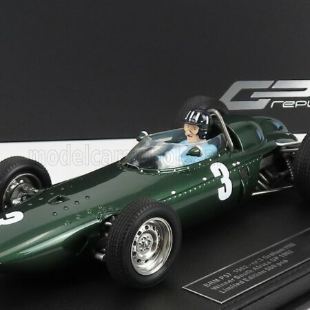 GP-REPLICAS 1/18 BRM | F1 P57 BRM TEAM N 3 WINNER SOUTH AFRICA WORLD CHAMPION (with pilot figure) 1962 GRAHAM HILL - CON VETRINA - WITH SHOWCASE | GREEN MET